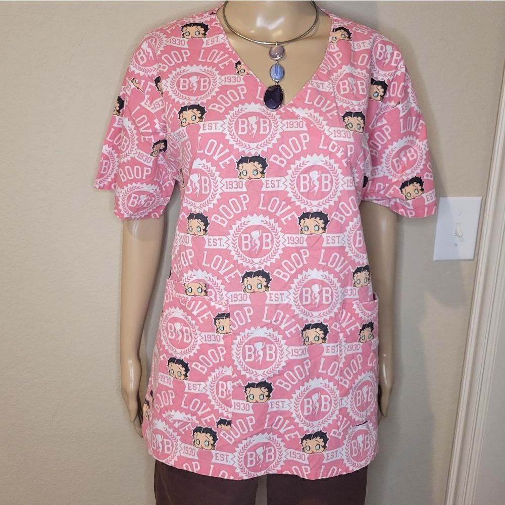 Betty Boop Scrubs Top Medical  V-Neck Mock Wrap Back Tie Pink